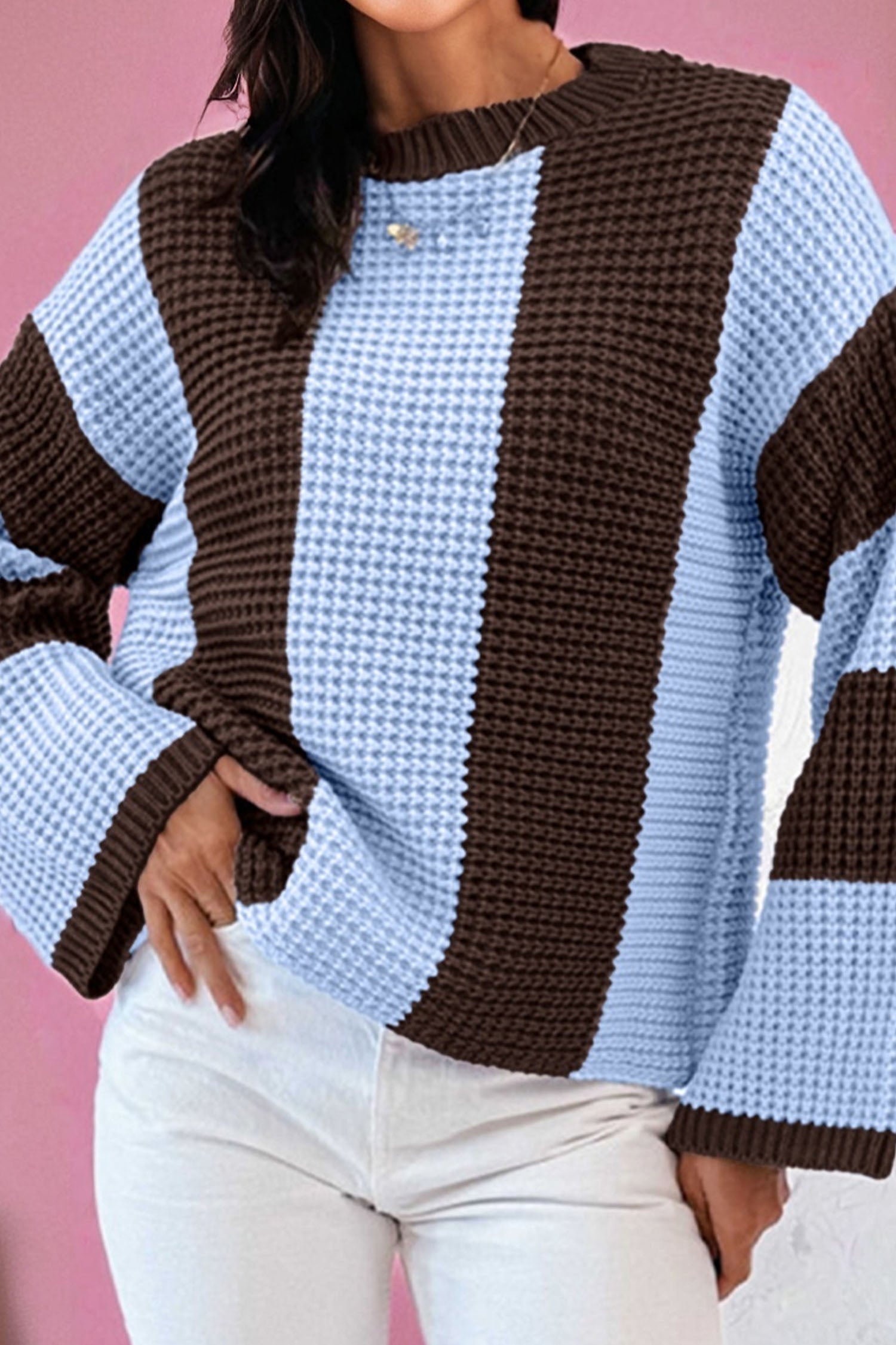 *Myosotis Striped Color Block Thermal Textured Knit Drop Shoulder Sweater