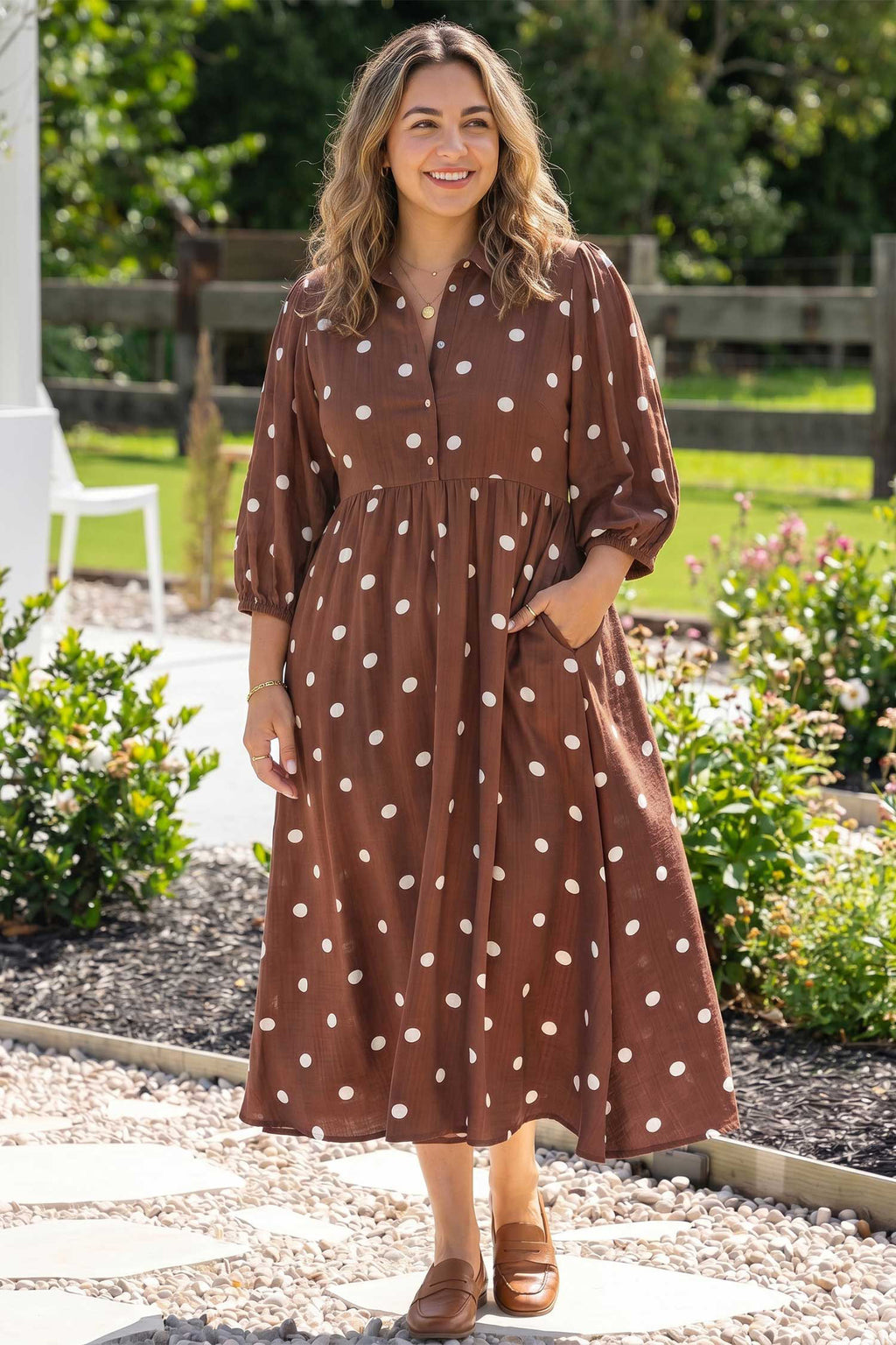 *Brown Polka Dot V Neck Abdomen Pocket Gathered Cuffs Long Sleeve Shift Plus Size Dress