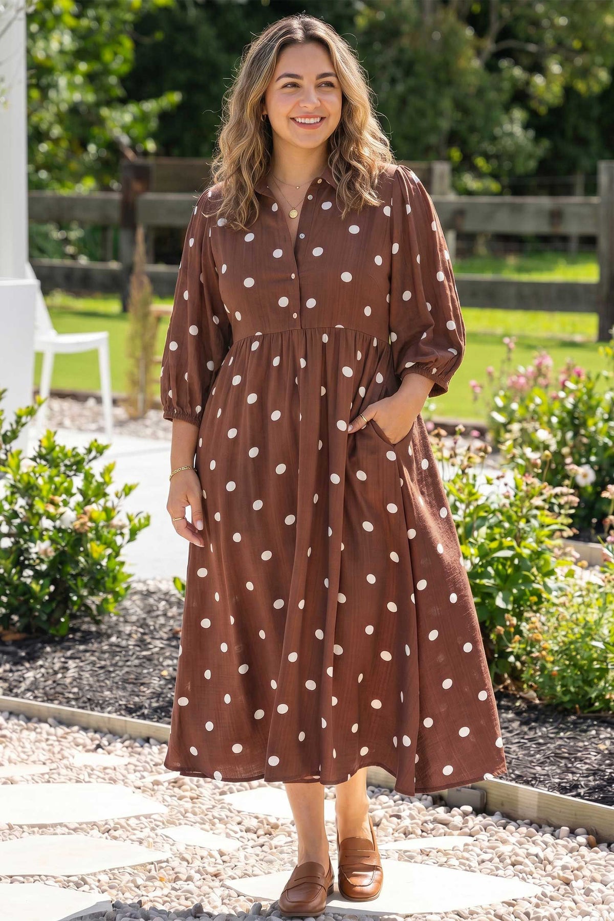 *Brown Polka Dot V Neck Abdomen Pocket Gathered Cuffs Long Sleeve Shift Plus Size Dress