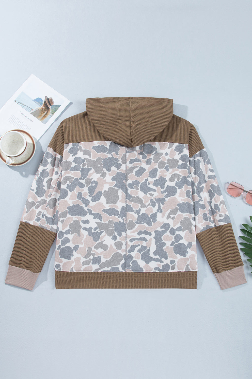 *Khaki Camouflage Print Waffle Knit Patchwork Half Zip Plus Size Hoodie