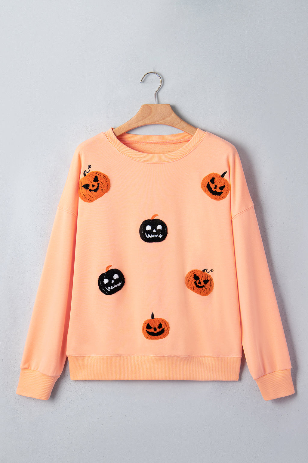 *Orange Embroidered Pumpkin Face Drop Shoulder Sweatshirt