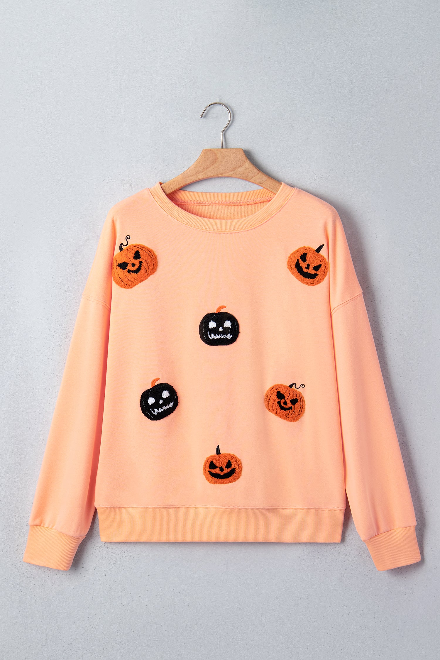 *Orange Embroidered Pumpkin Face Drop Shoulder Sweatshirt