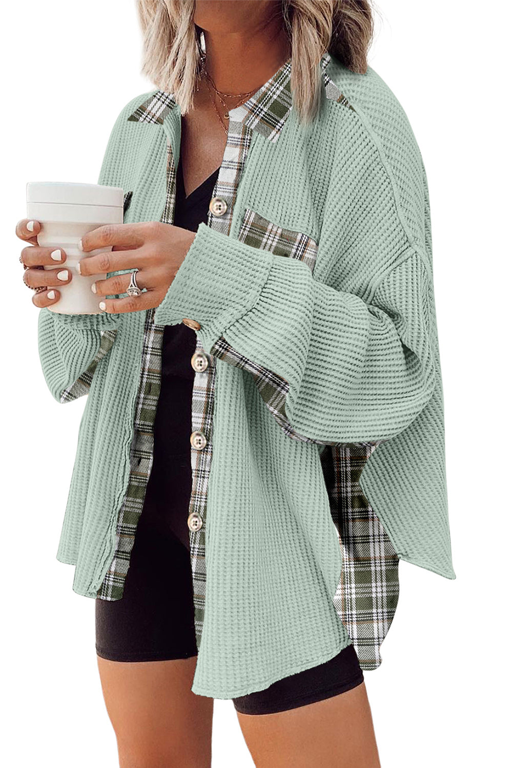 *Grass Green Plaid Patchwork Waffle Thermal Knit Shacket
