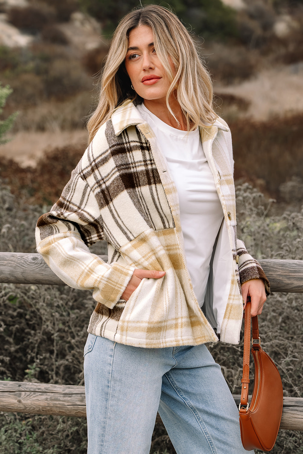 *Multicolour Plaid Patchwork Side Pockets Buttoned Shacket