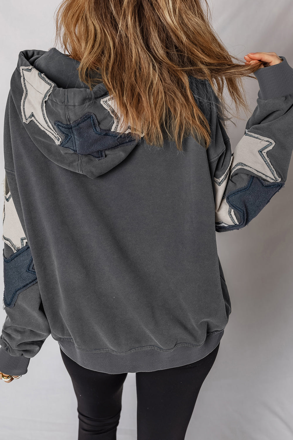 *Carbon Grey Star Patchwork Contrast Stitching Mineral Wash Kangaroo Pocket Vintage Hoodie
