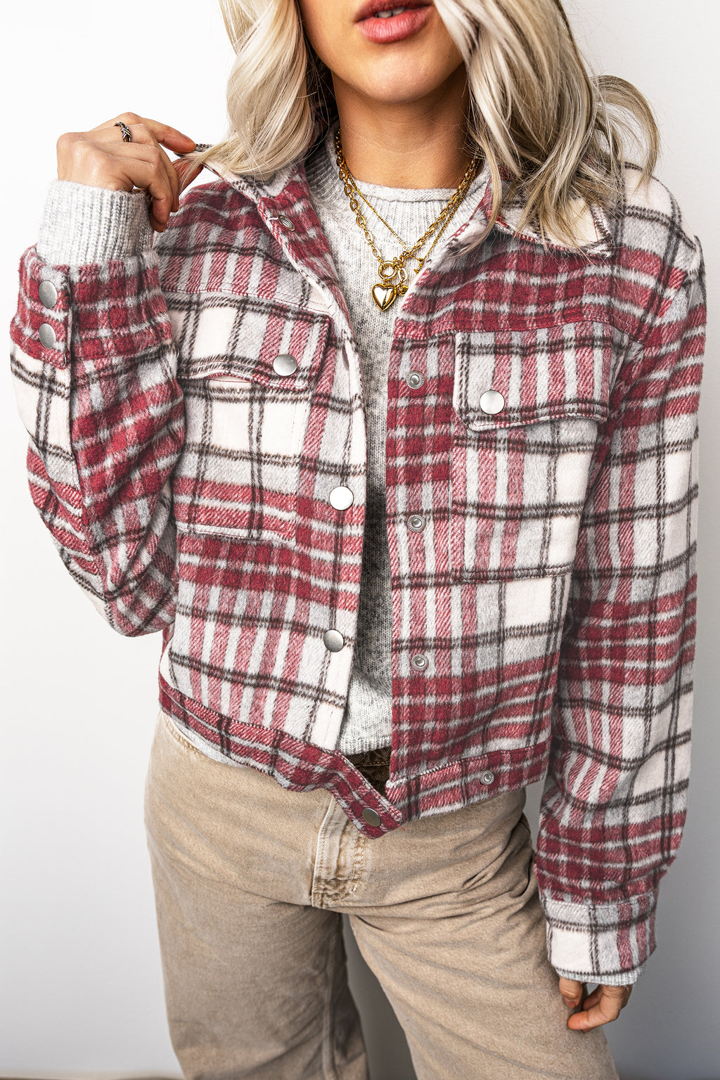 *Red Plaid Flannel Metal Button Collar Long Sleeve Vintage Shift Jacket