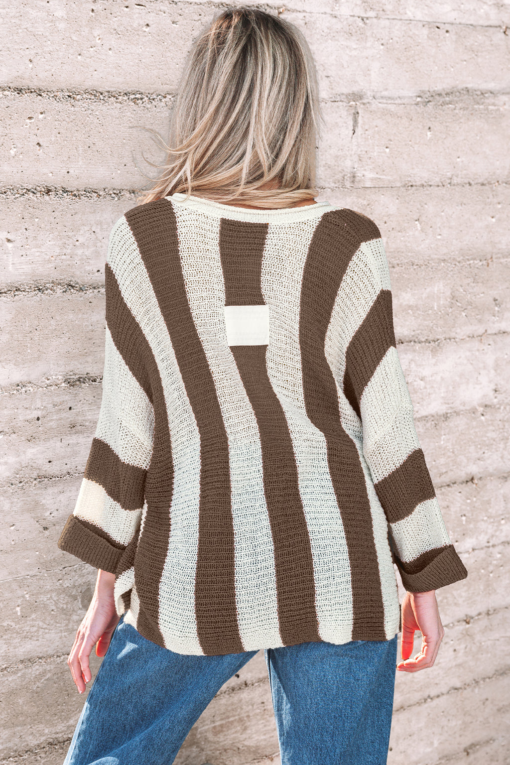*Brown Stripe Colorblock V Neck Bracelet Sleeve Sweater