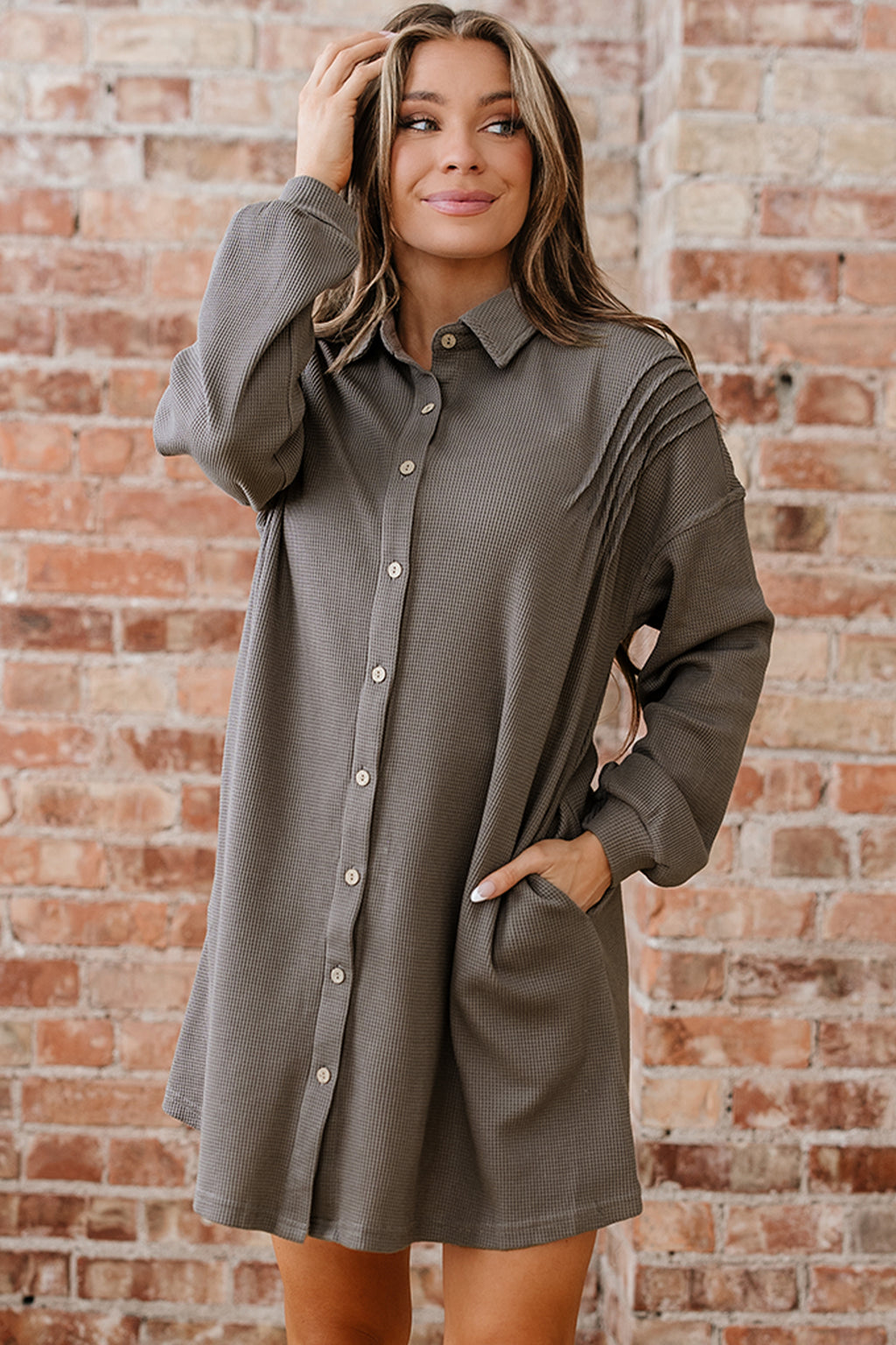 *Simply Taupe Waffle Knit Shirt Tunic Dress