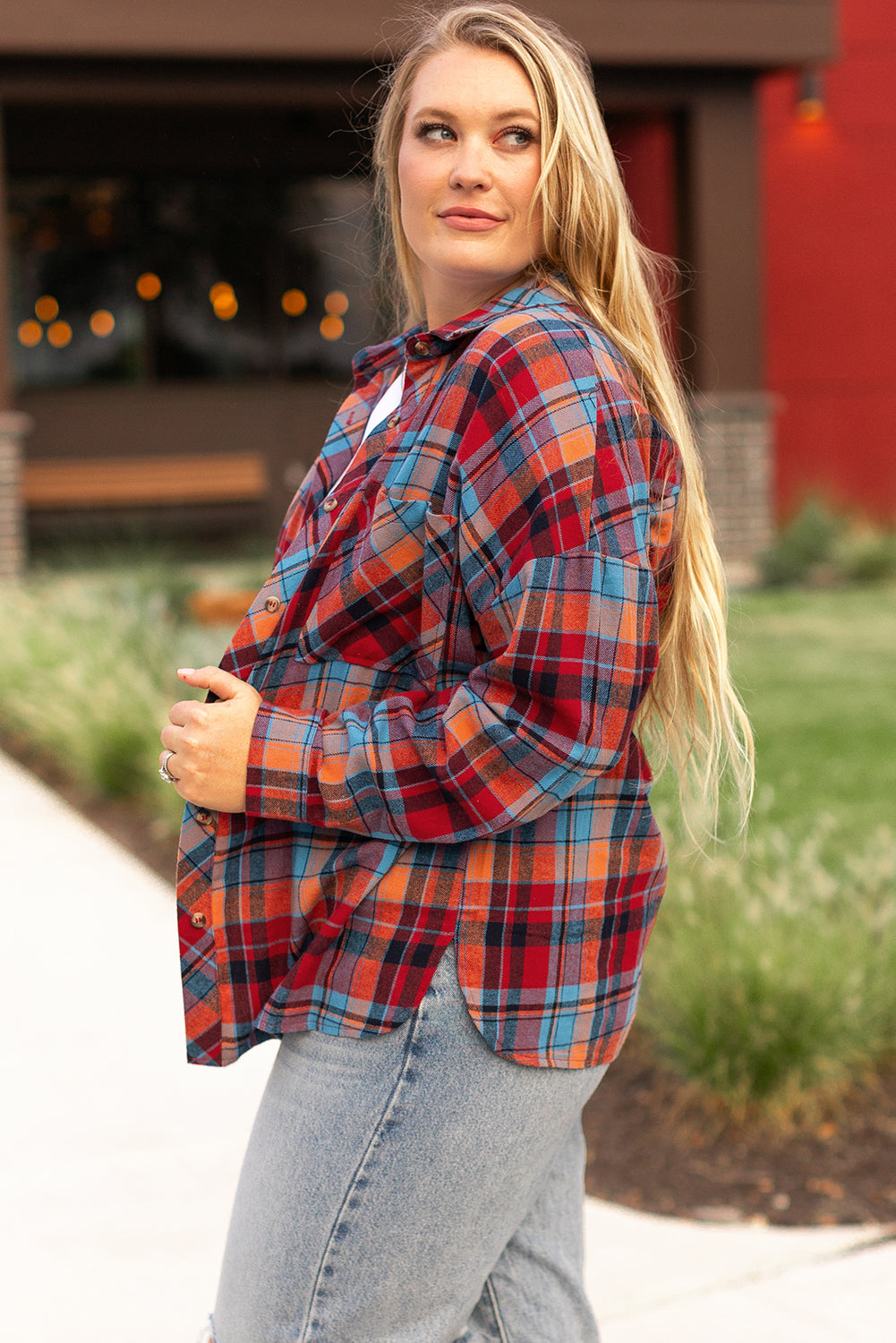 *Red Plus Size Plaid Print Buttoned Shirt