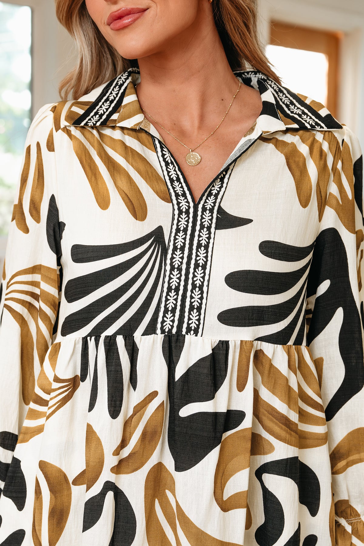 *Brown Tropical Printed Contrast Trim Neck Long Sleeve Ruffle Hem Dress