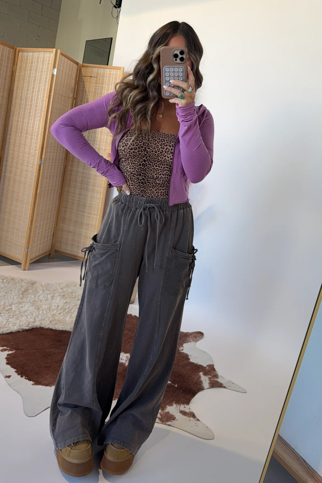 *Dark Brown Cotton Mineral Wash Elastic Waist Drawstring Tie Detail Cargo Pants