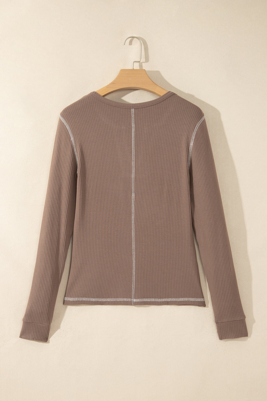 *Dark Khaki V Neck Ribbed Stitched Detail Long Sleeve Top