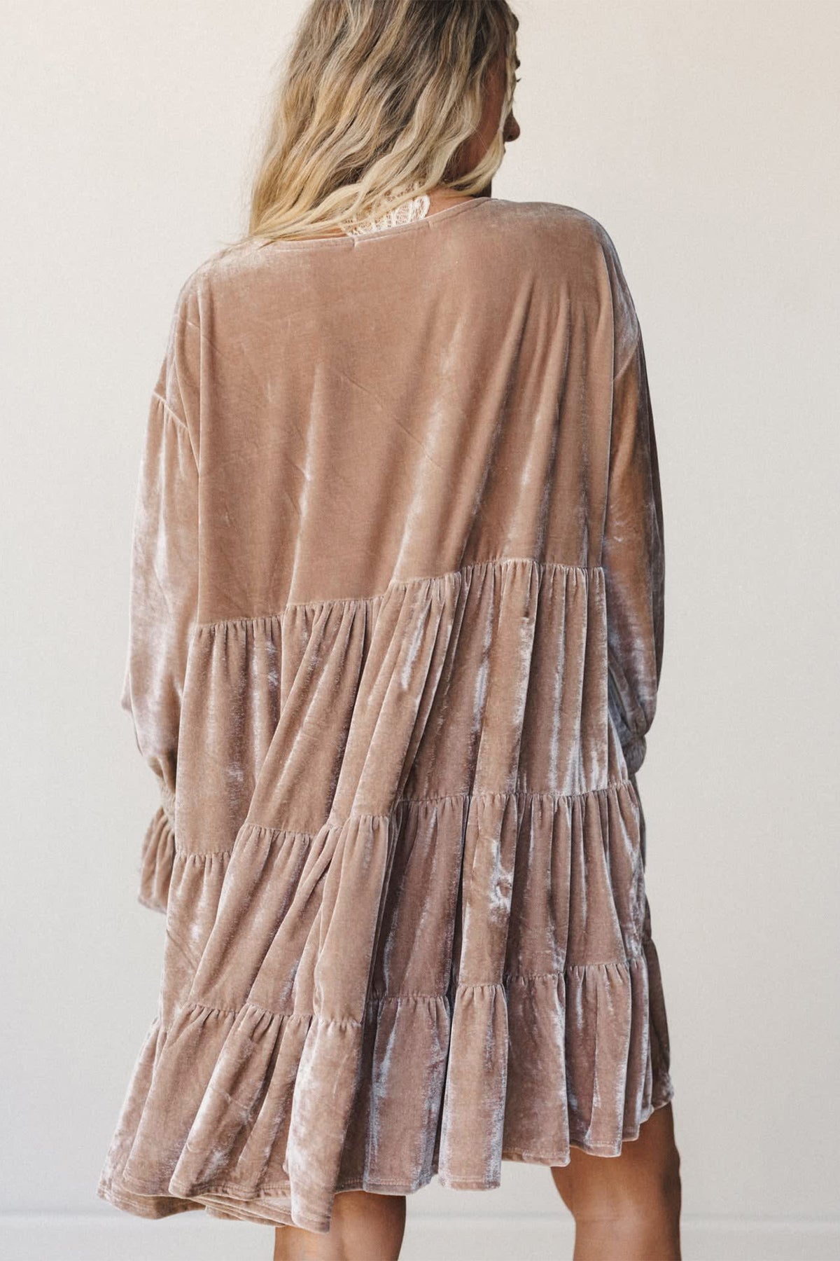 *Smoke Gray Solid Color V Neck Velvet Tiered Long Sleeve Dress