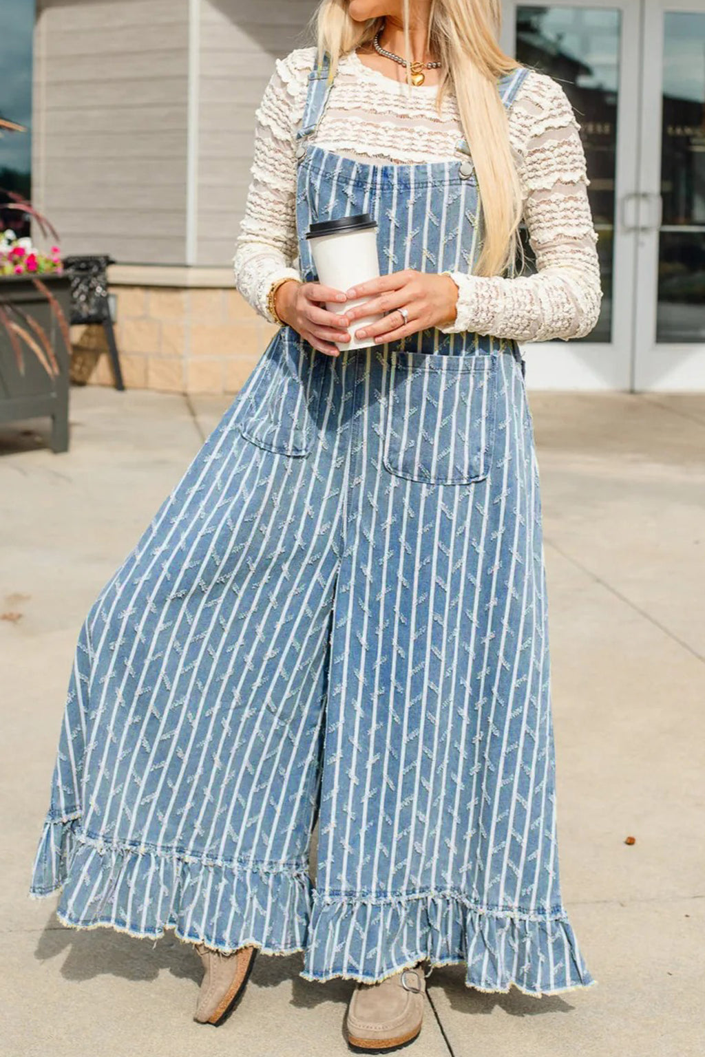 *Myosotis Striped Distressed Ruffled Wide Leg Denim Overalls