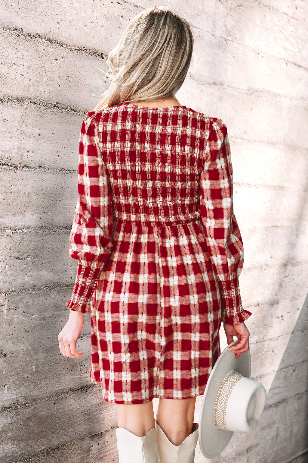 *Red Plaid Print Smocked Puff Sleeve Mini Dress