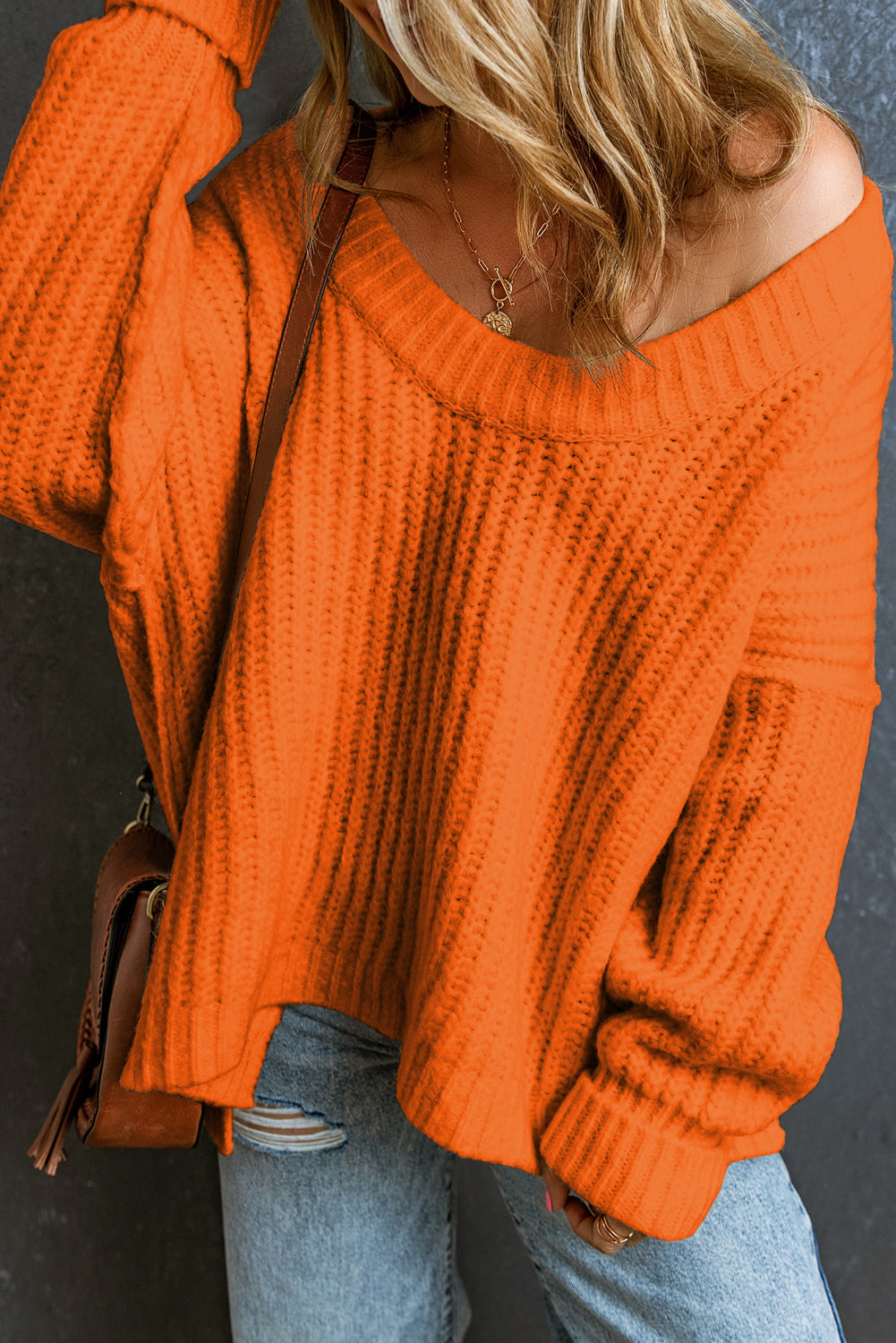 *Orange Ribbed Knit Round Neck Slouchy Chunky Sweater