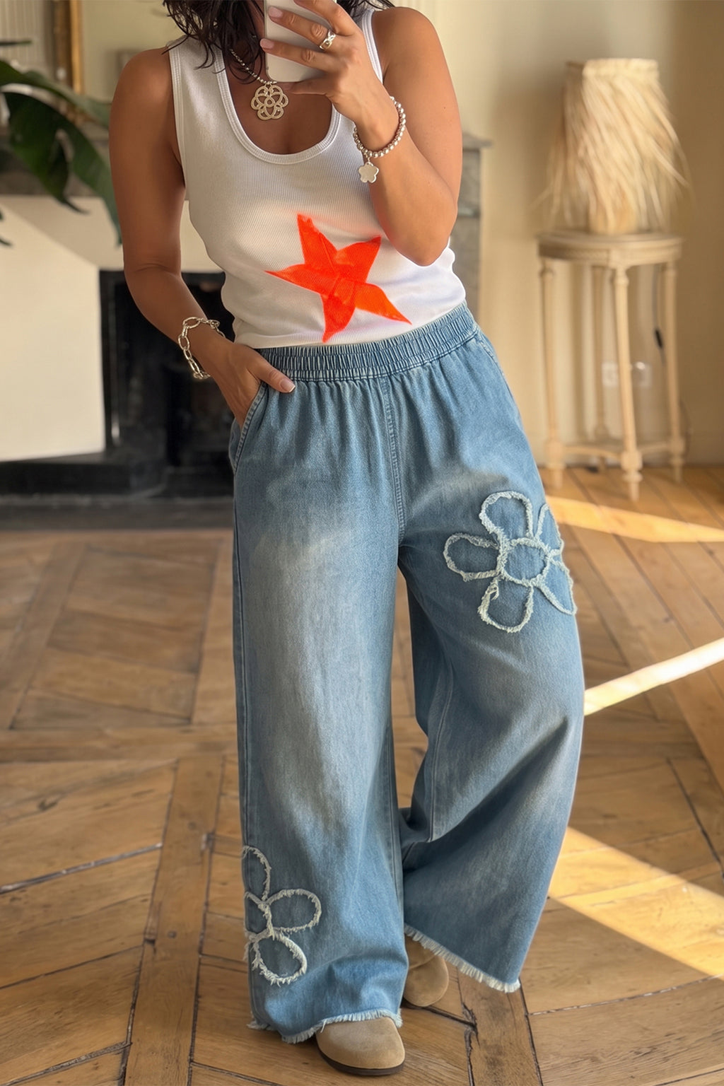 *Beau Blue Frayed Floral Patch Wide Leg Raw Hem Wide Leg Jeans