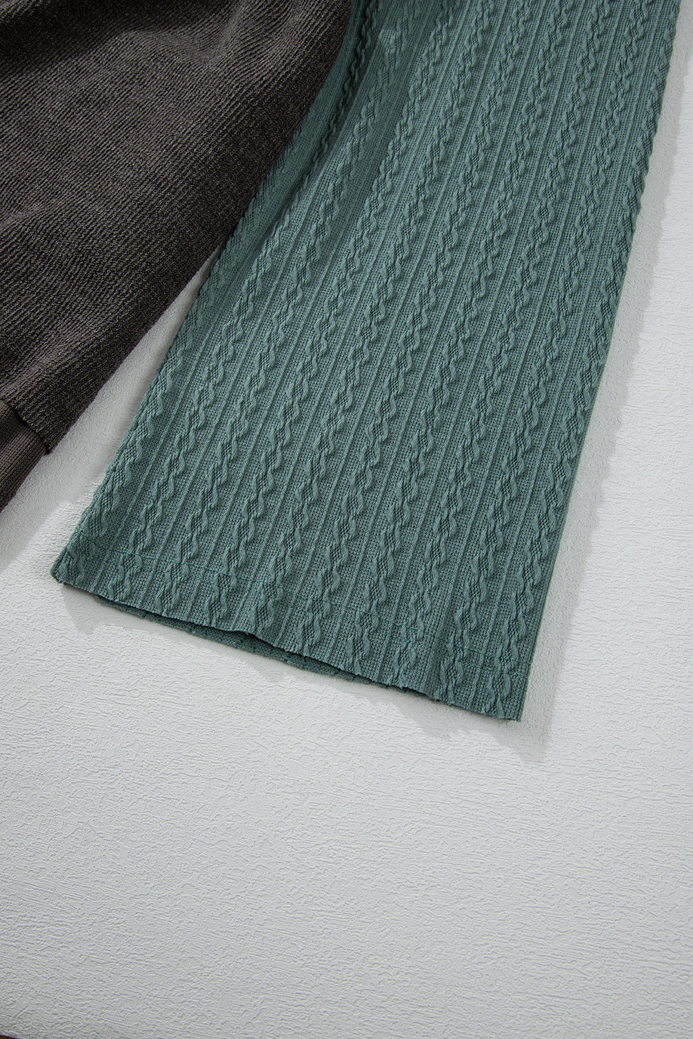 *Laurel Green Mixed Textured Colorblock Patchwork Wide Sleeve Frayed High Low Hooded Top