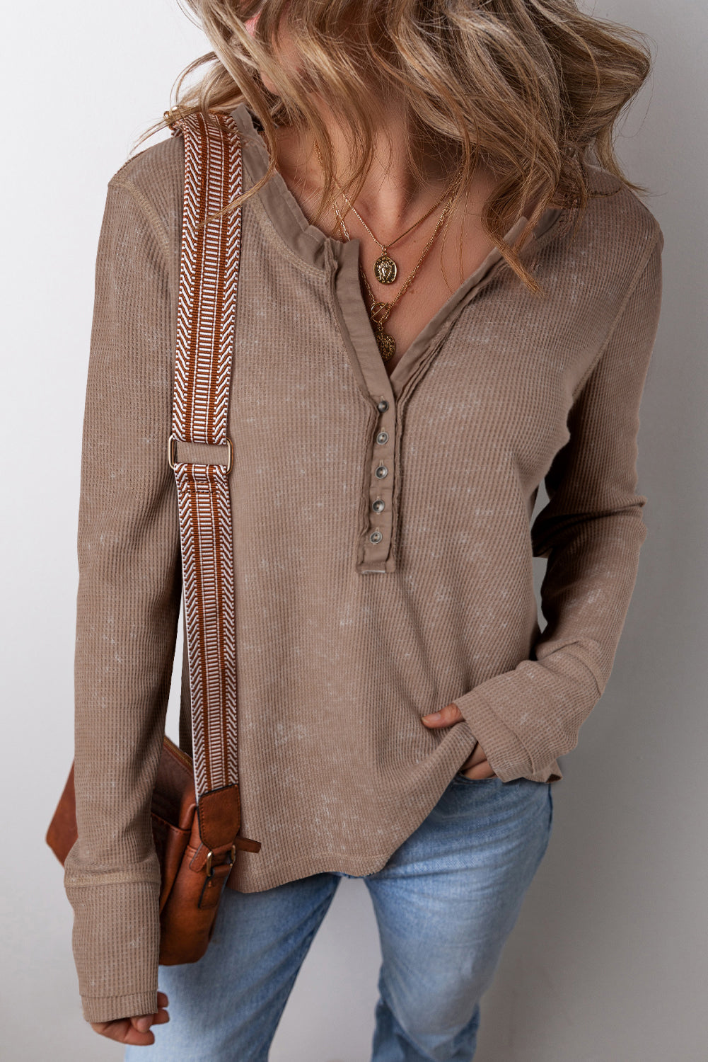 *Coffee Acid Wash Waffle Knit Buttoned Neckline Long Sleeve Top