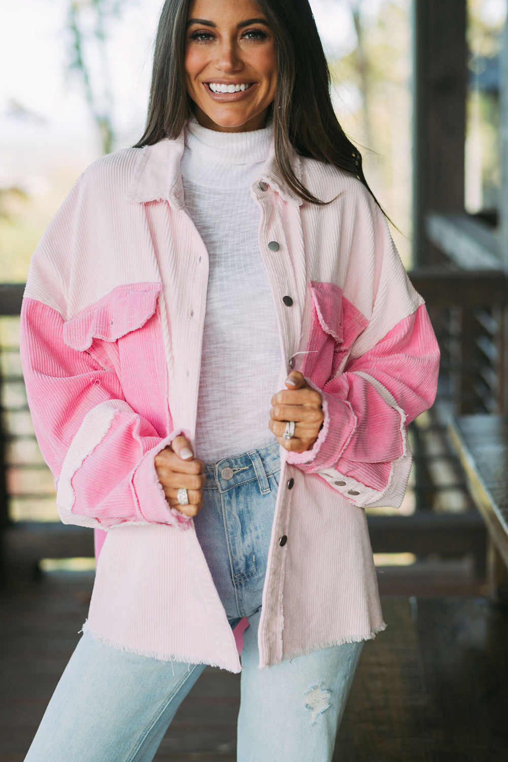 *Delicacy Two-tone Color Exposed Seam Corduroy Shacket