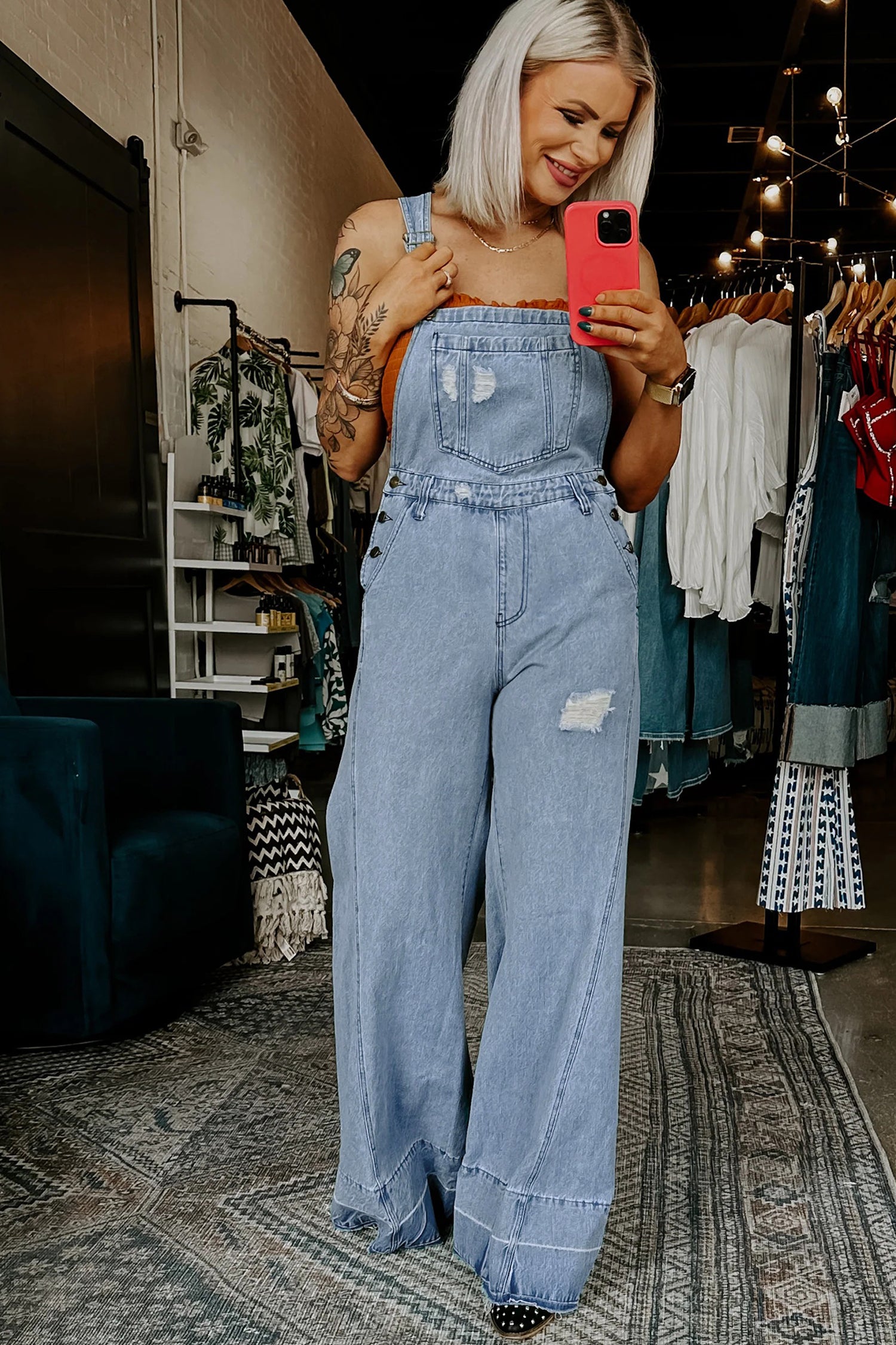 *Mist Blue Retro Distressed Button Adjustable Straps Denim Overall Jumpsuit
