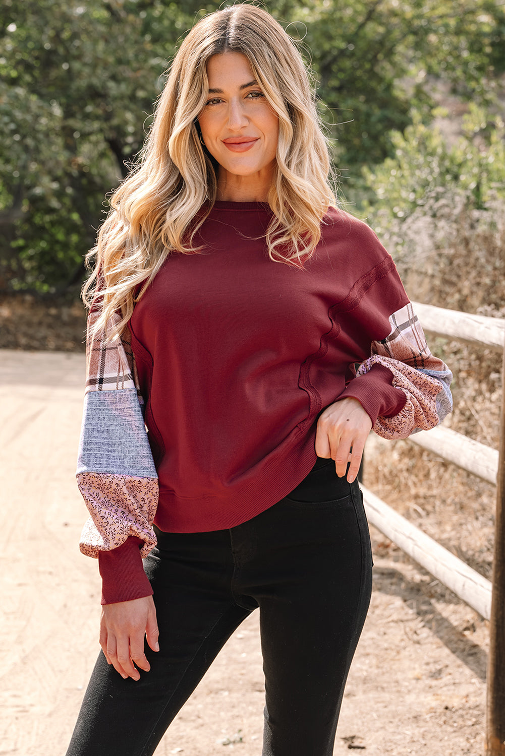*Red Sandalwood Plaid Colorblock Patchwork Sleeve Raw Seam Sweatshirt