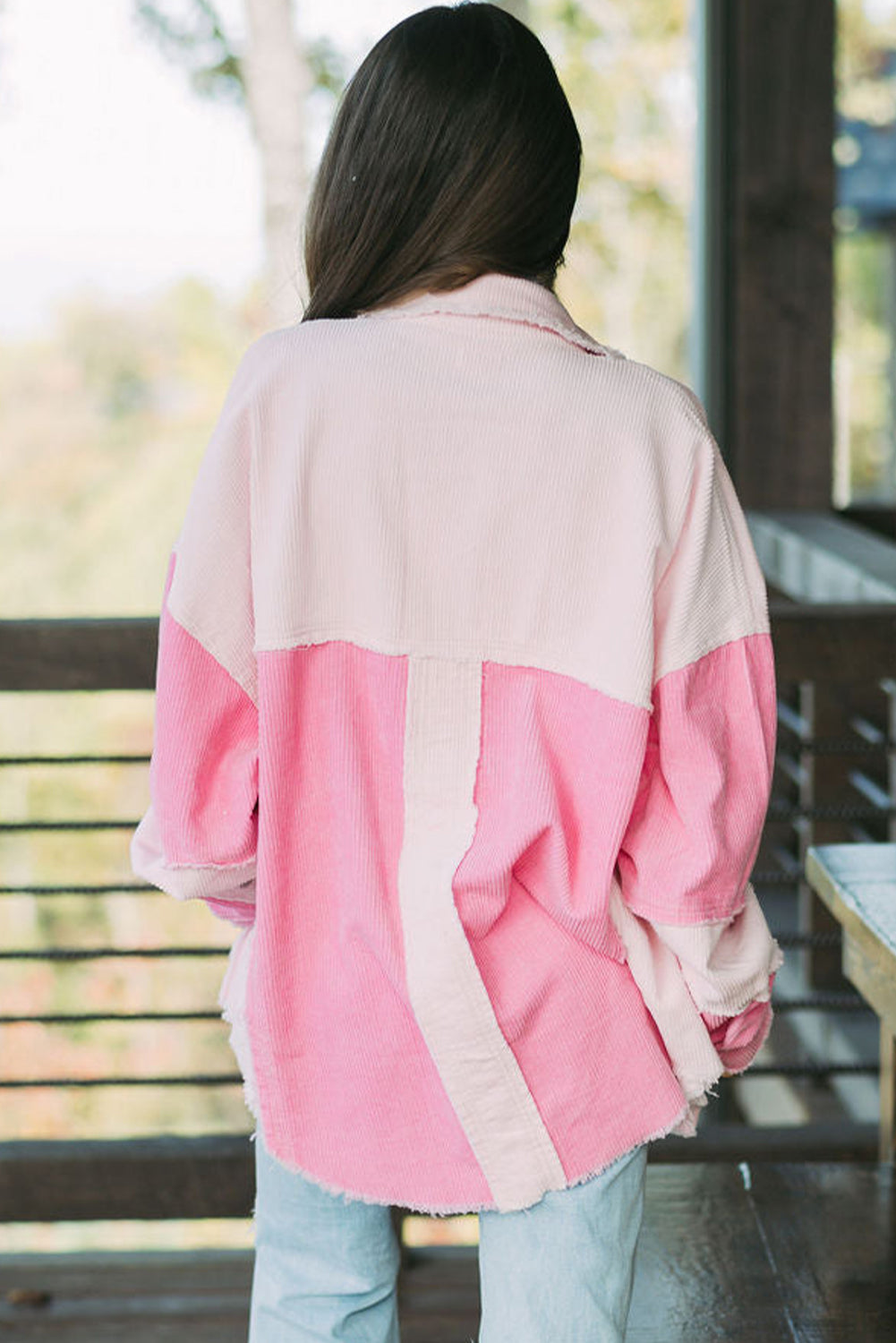 *Delicacy Two-tone Color Exposed Seam Corduroy Shacket