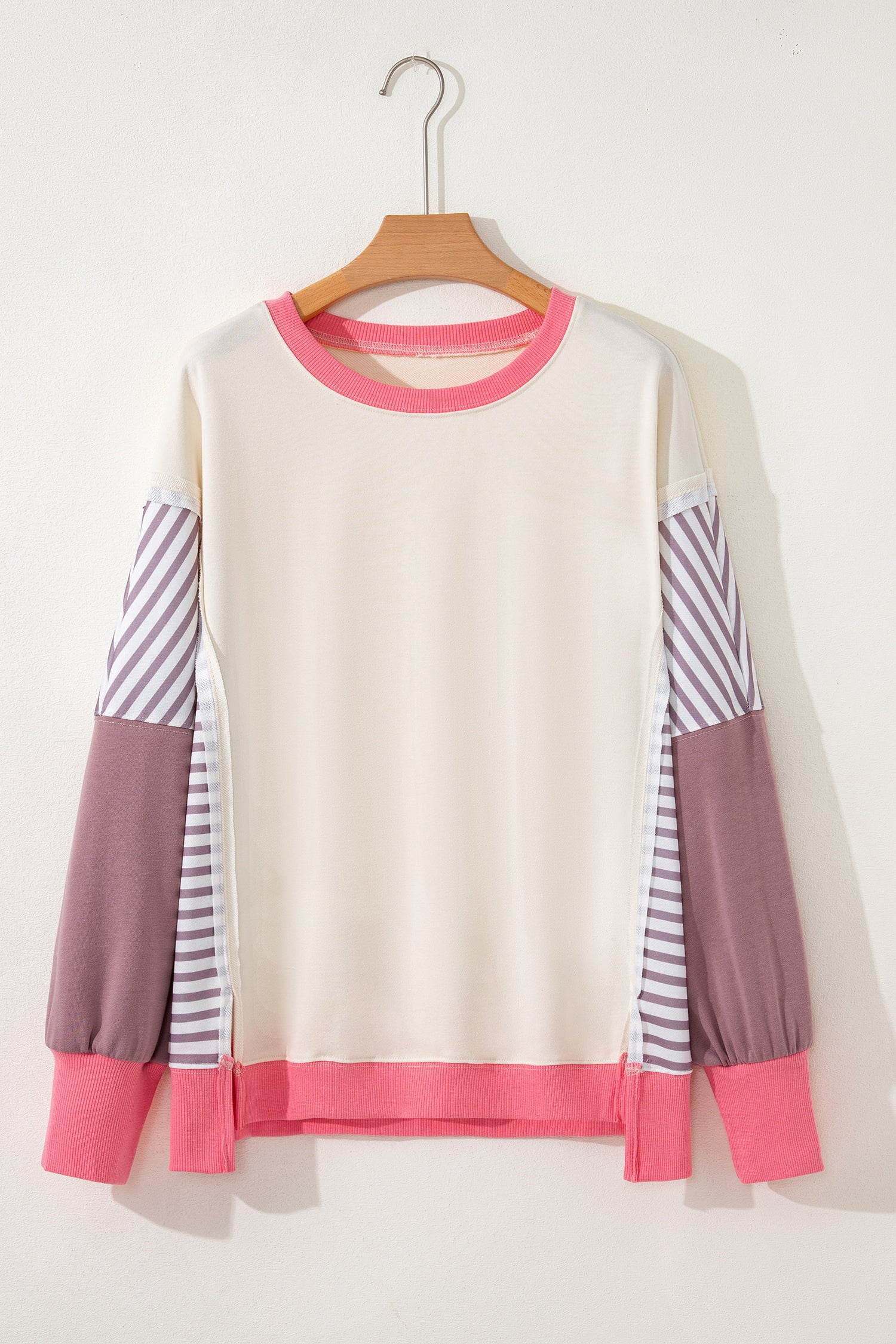 *White Color Block Striped Patchwork Dolman Slit Sweatshirt