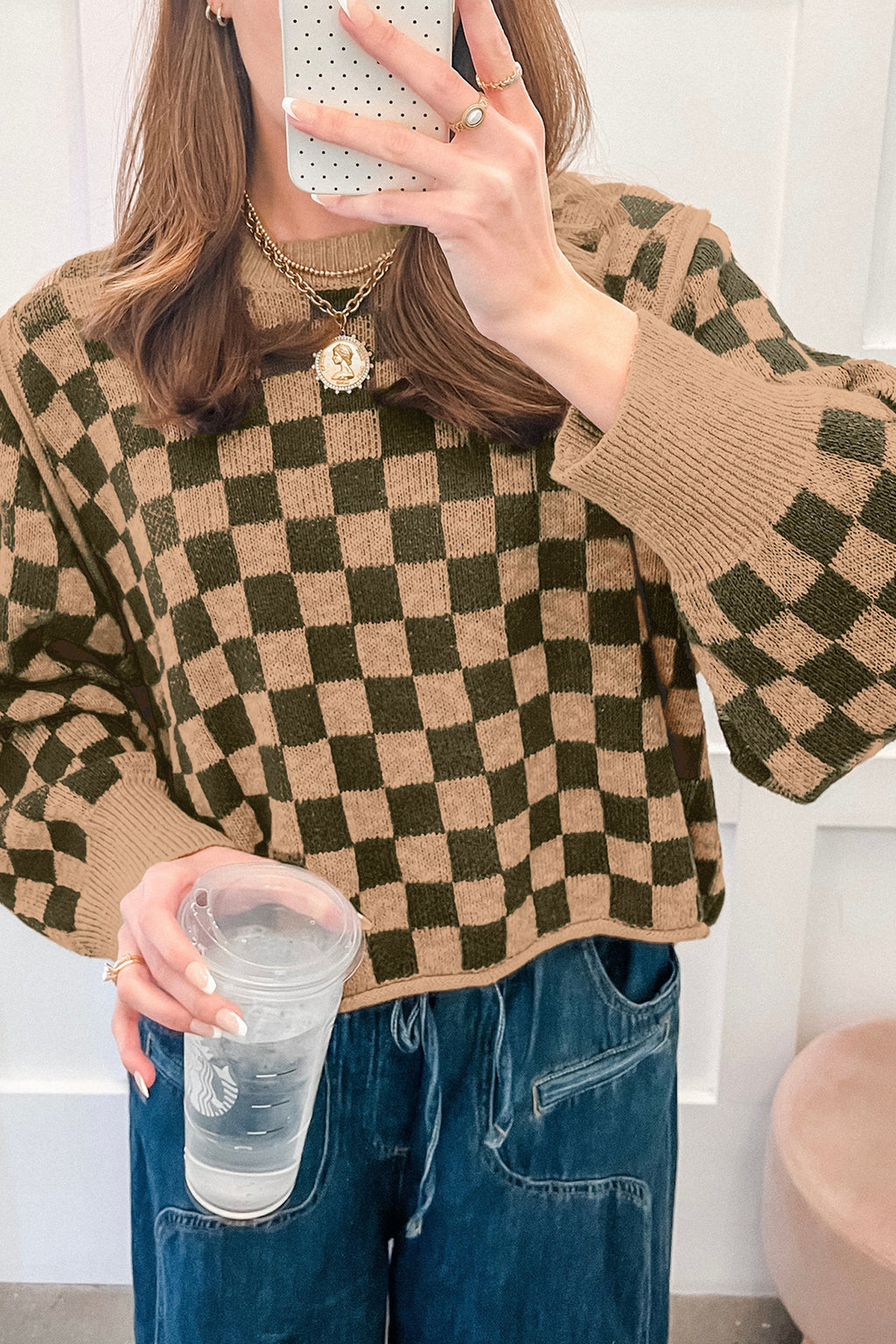 *Multicolour Drop Shoulder Plaid Knit Long Sleeve Sweater