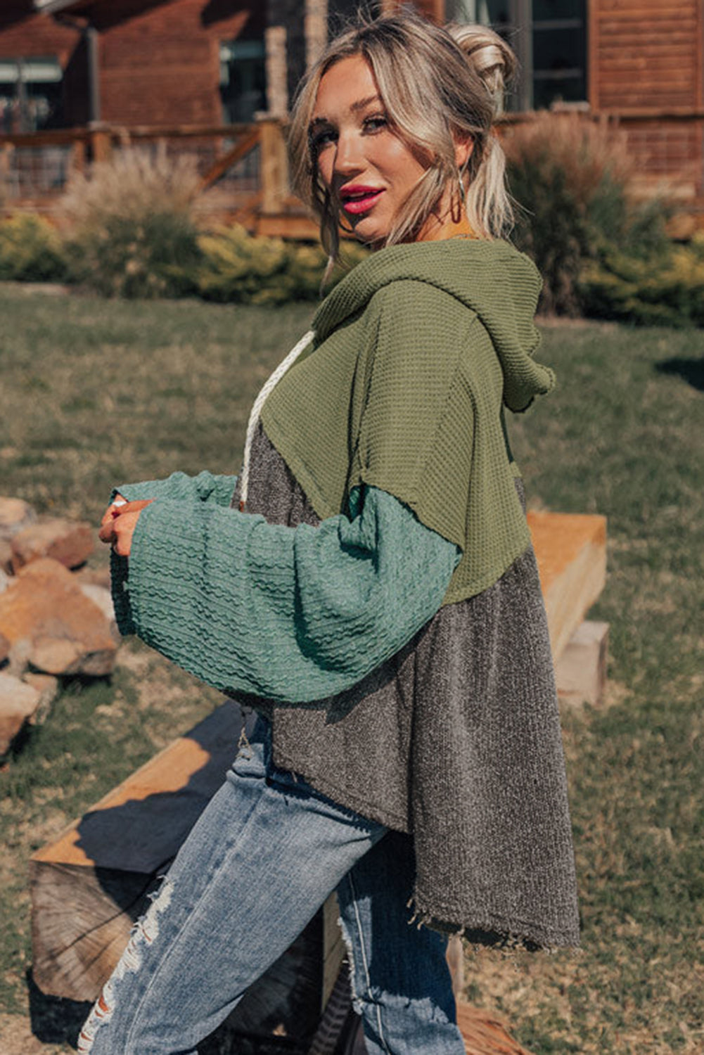 *Laurel Green Mixed Textured Colorblock Patchwork Wide Sleeve Frayed High Low Hooded Top