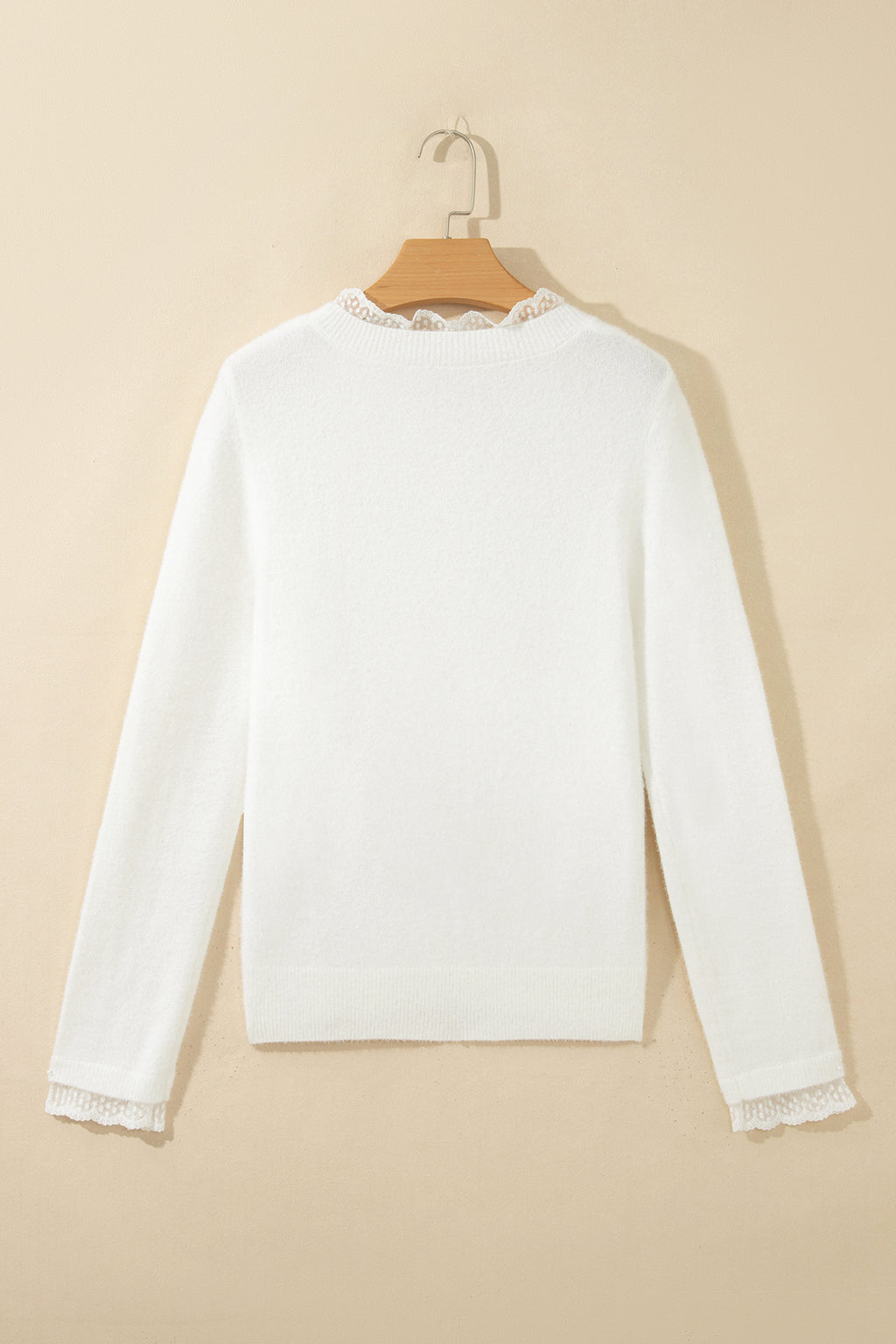 *White Lace Trim Neck Cuff Patchwork Long Sleeve Pullover Sweater