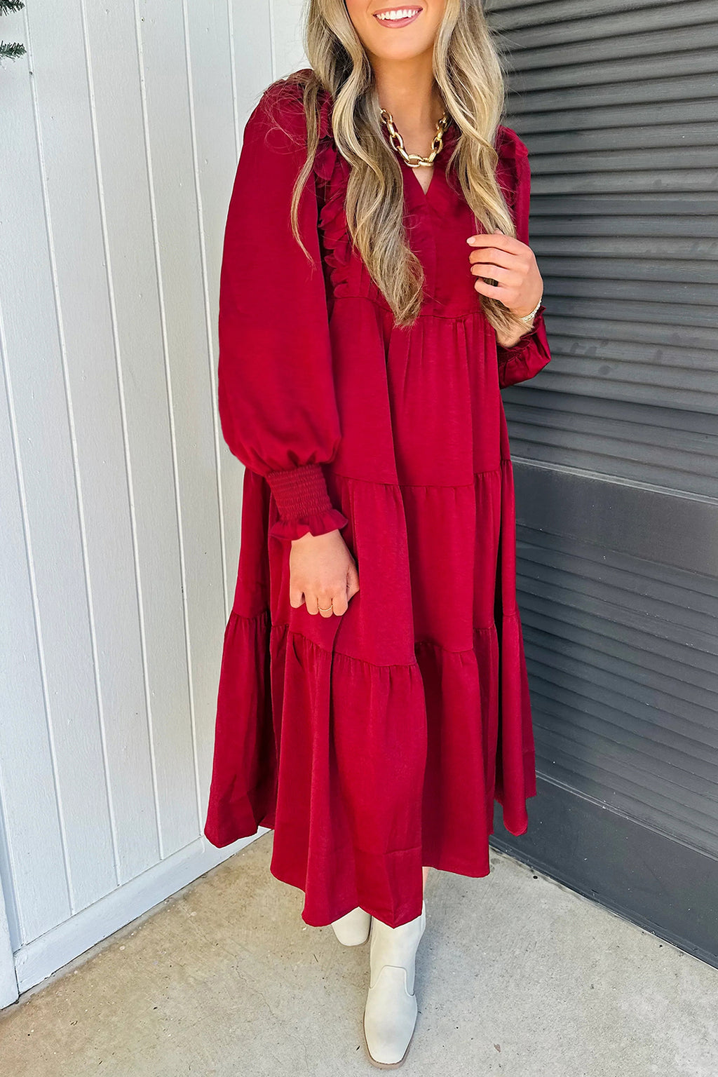 *Racing Red Solid Color Ruffle Trim Long Sleeve Tiered Shift Midi Dress