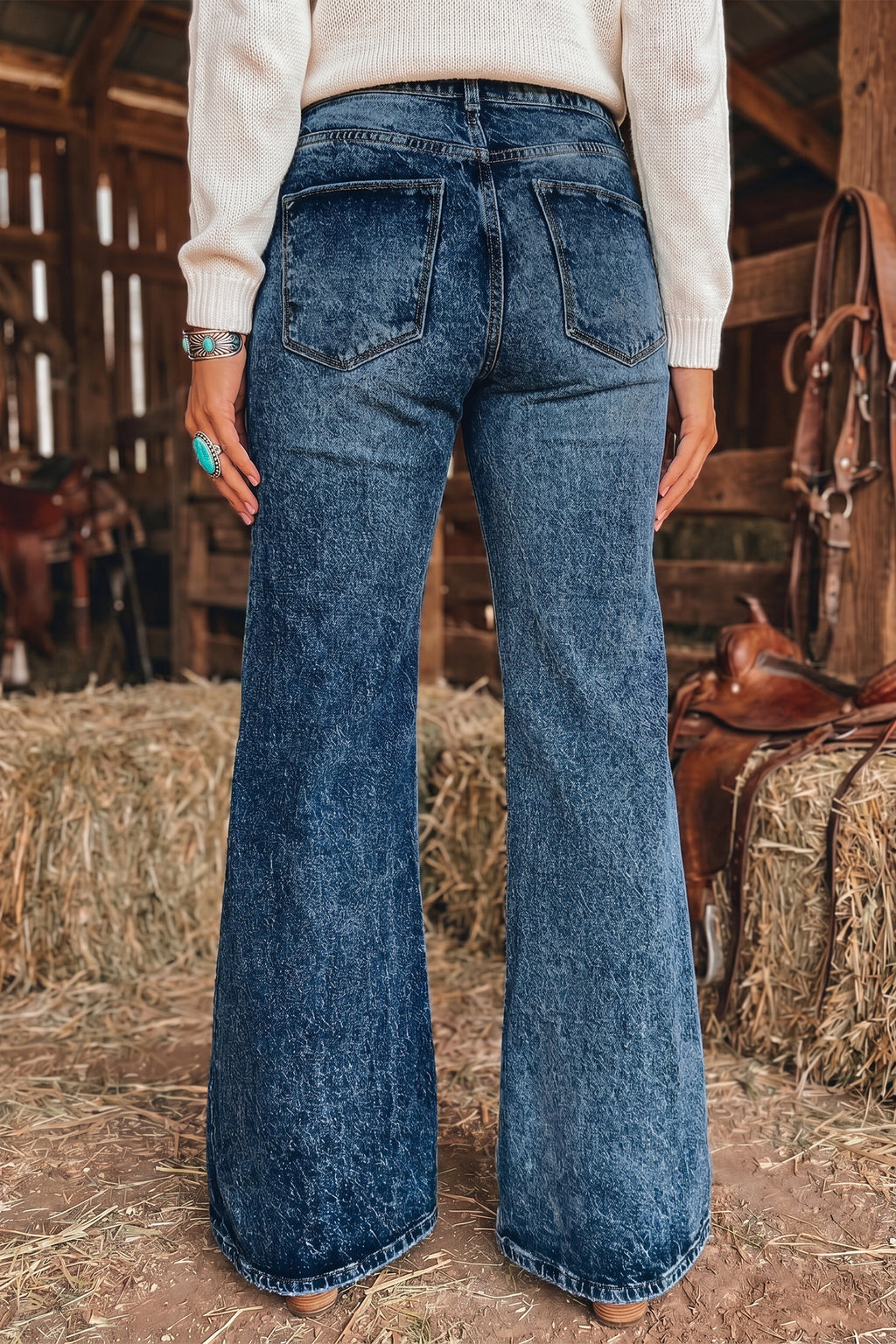 *Sail Blue Acid Wash Pocket Detail Flare Jeans