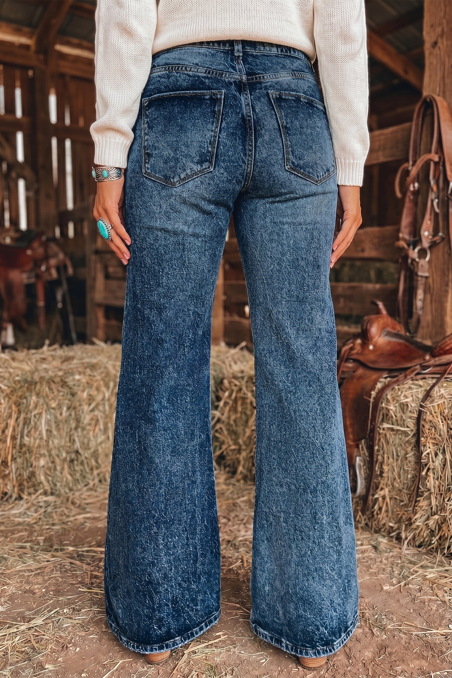 *Sail Blue Acid Wash Pocket Detail Flare Jeans