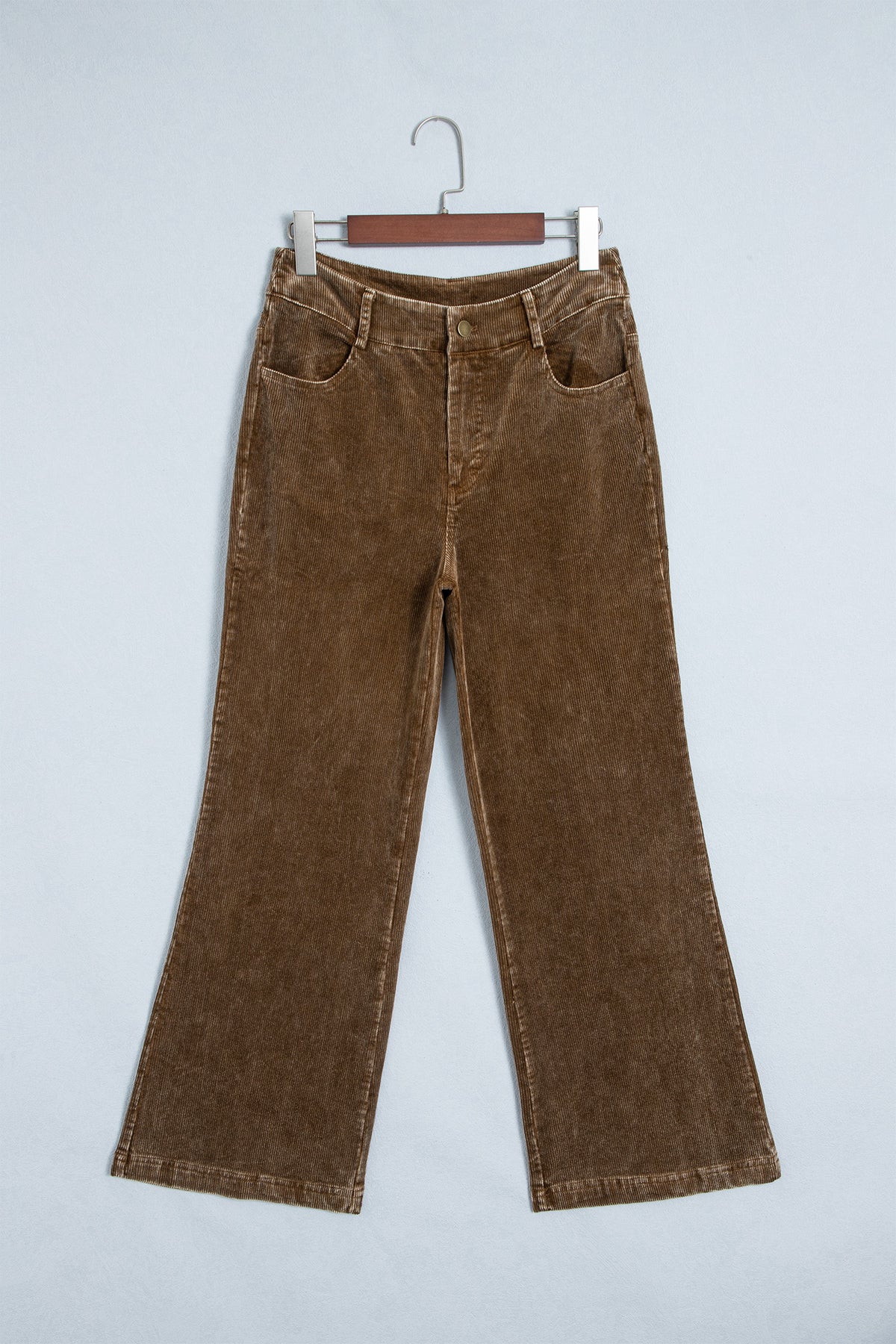 *Camel Straight Leg Corduroy Metal Button Zip-up Pants