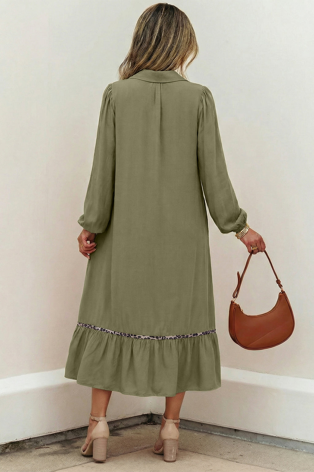 *Four Leaf Clover Collared V Neck Smocked Detail Contrast Leopard Trim Bracelet Sleeve Long Dress