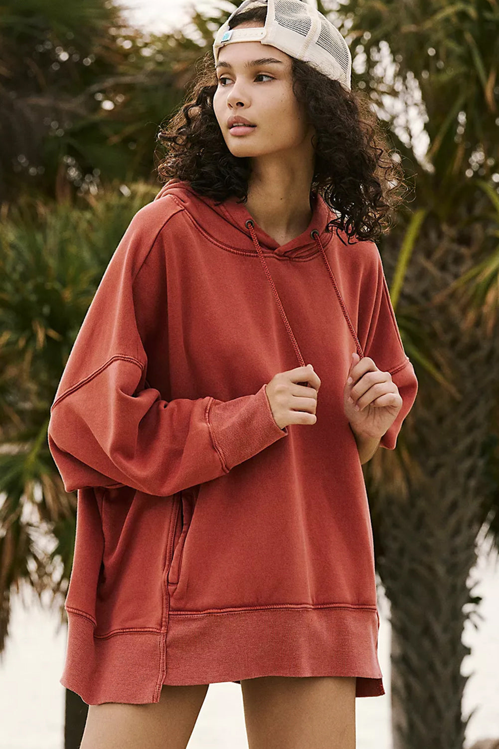 *Red Clay Drop Shoulder Pocketed Baggy Drawstring Hoodie