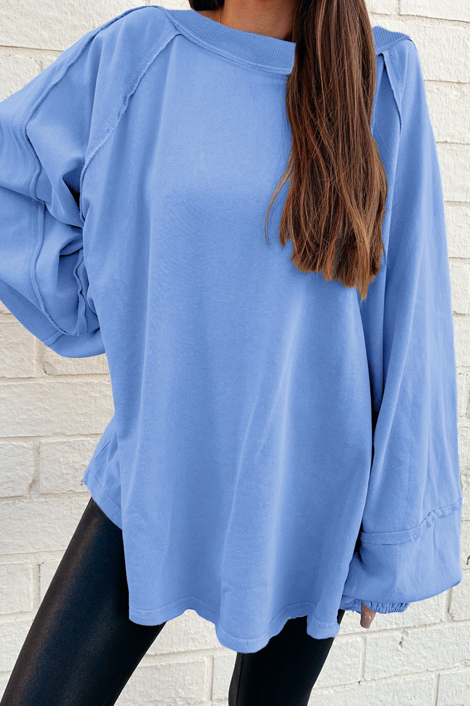 *Beige Solid Color Raw Seam Patchwork Baggy Sweatshirt