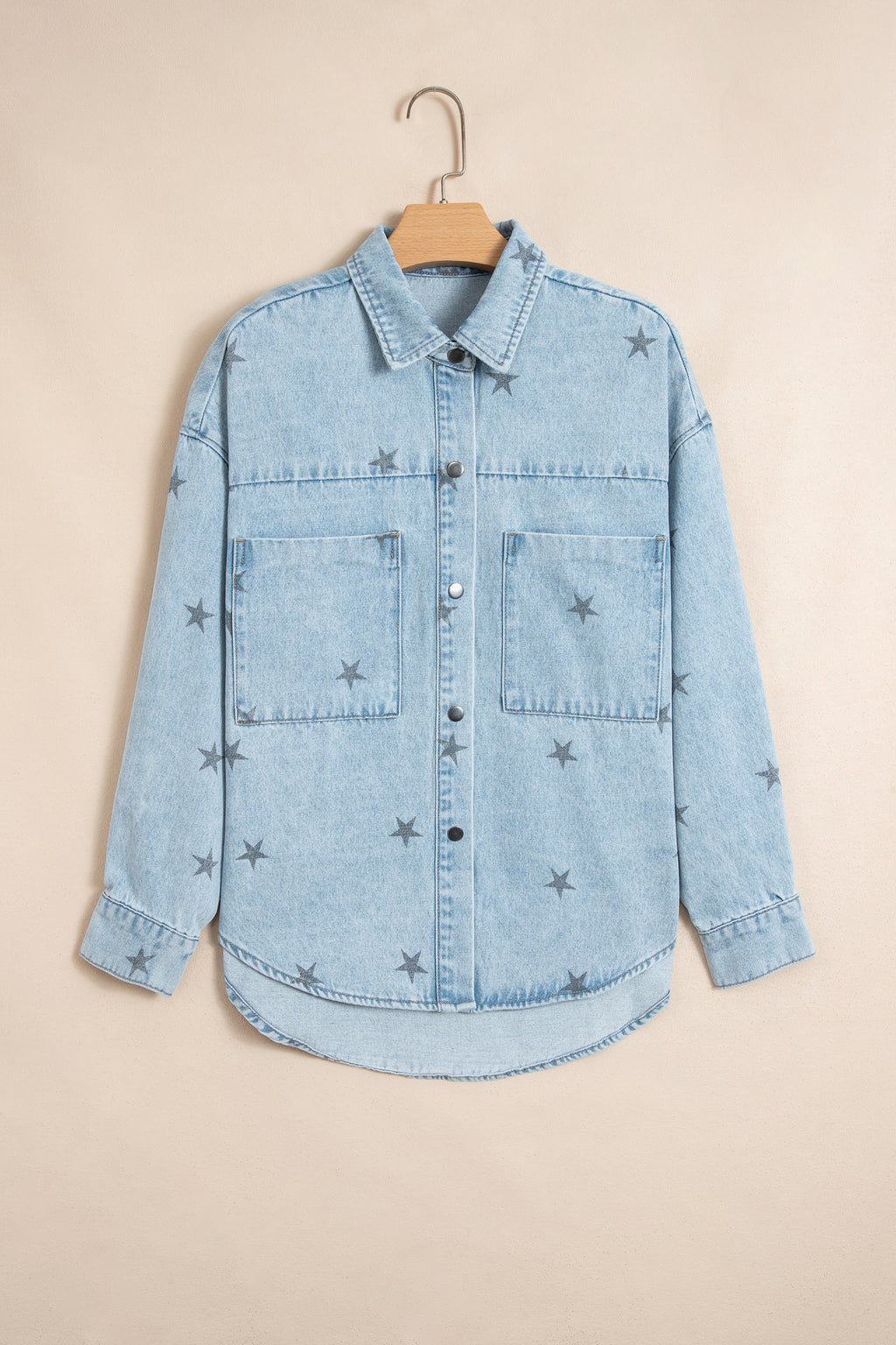 *Sky Blue Stars Pattern Long Sleeve Shirt Collar Denim Jacket
