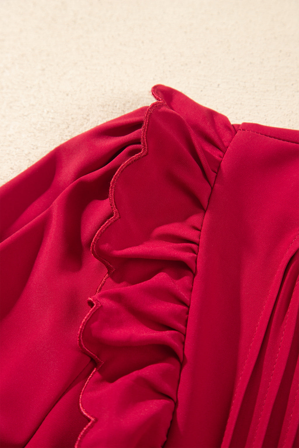 *Racing Red Solid Color Ruffle Trim Long Sleeve Tiered Shift Midi Dress