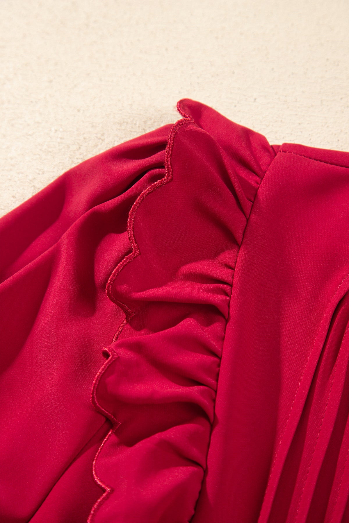 *Racing Red Solid Color Ruffle Trim Long Sleeve Tiered Shift Midi Dress
