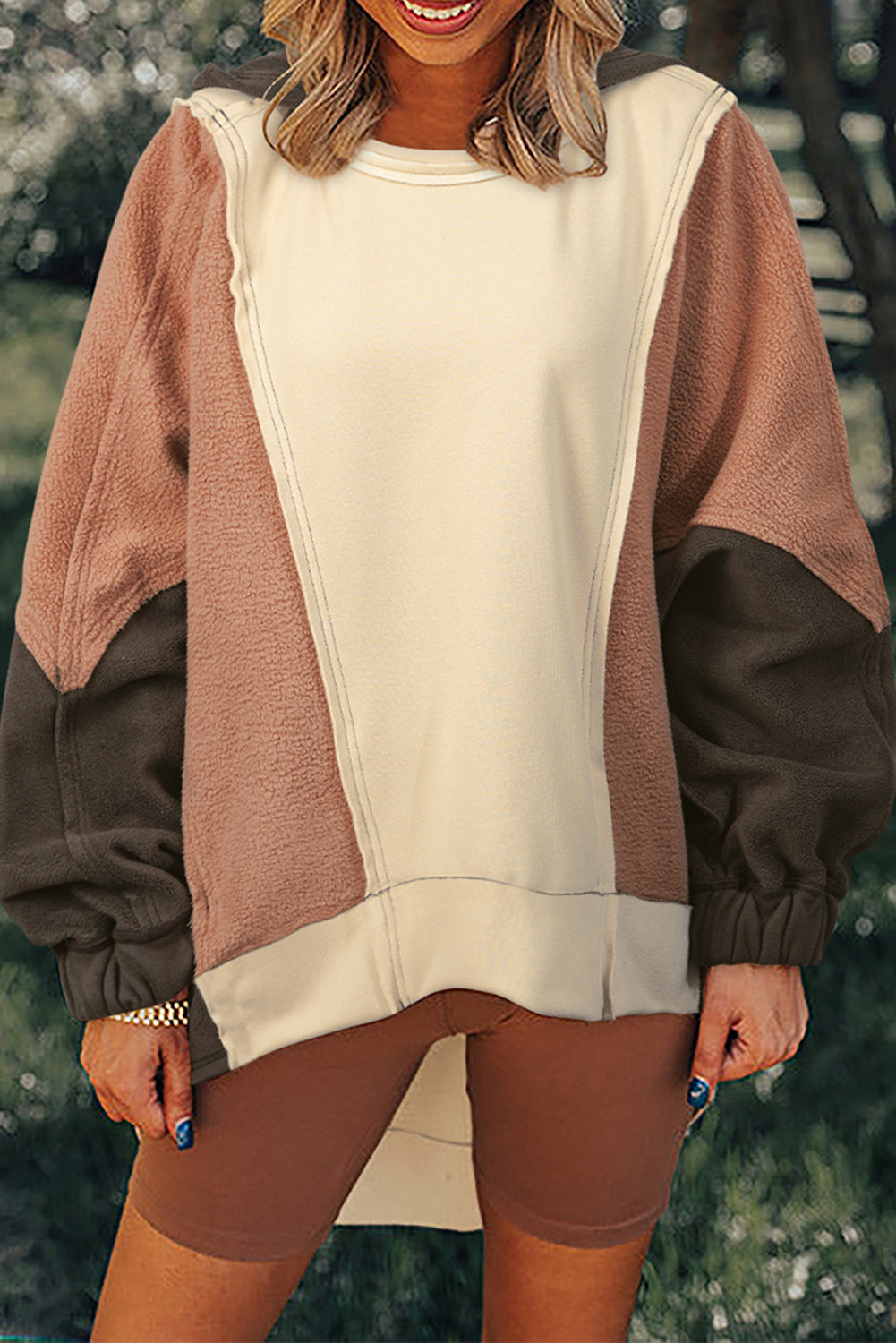 *Beige Oversized Color Block Patchwork High Low Hoodie