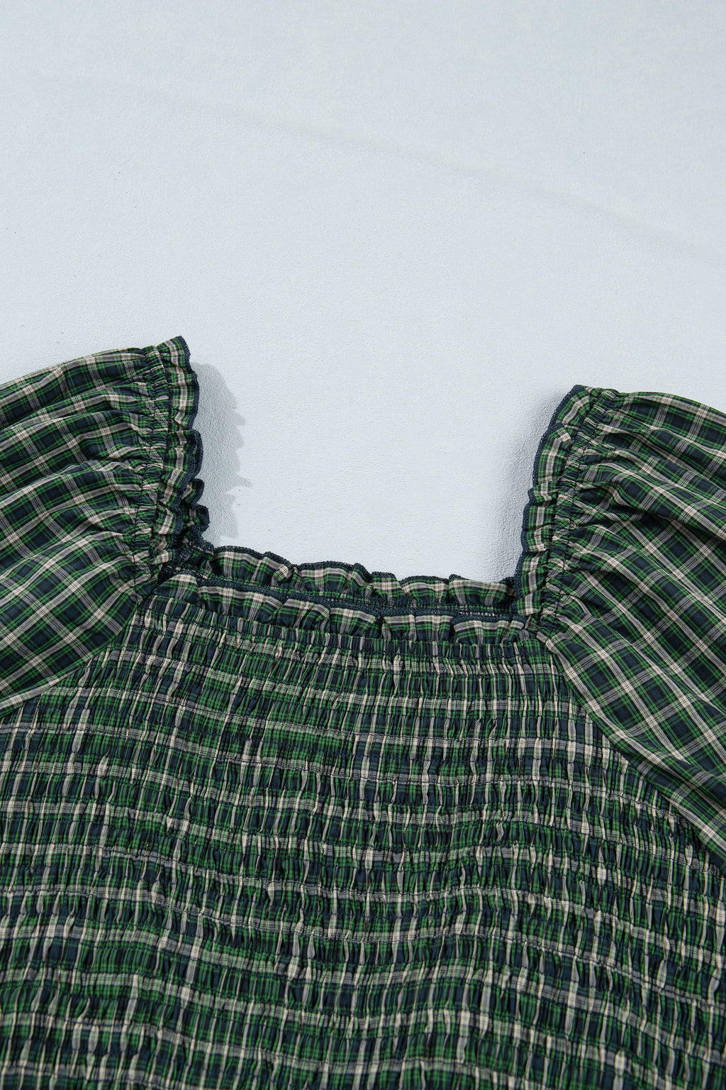 *Green Plaid Square Neck Shirred High Waist Ruffle Hem Dress
