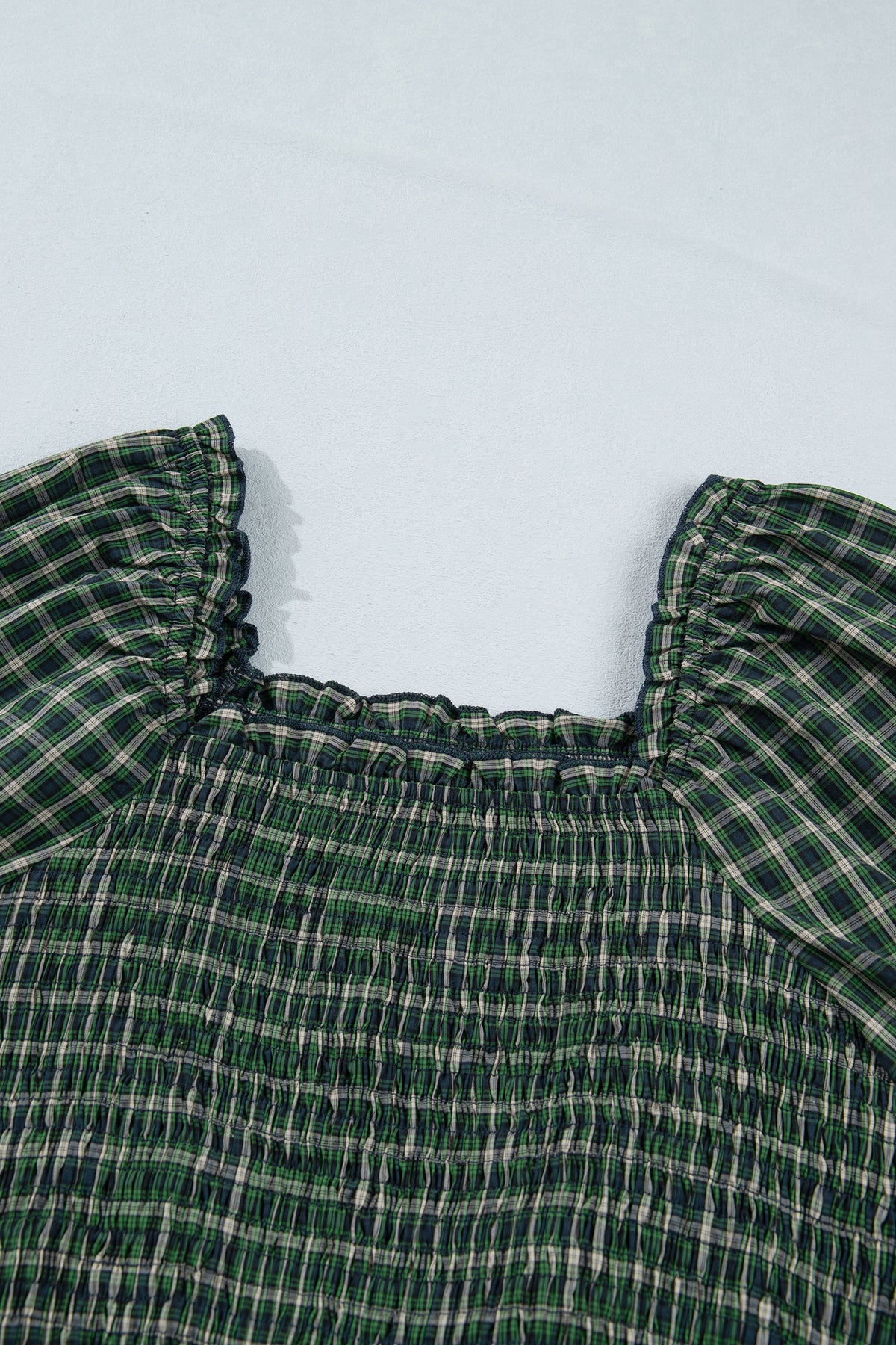*Green Plaid Square Neck Shirred High Waist Ruffle Hem Dress