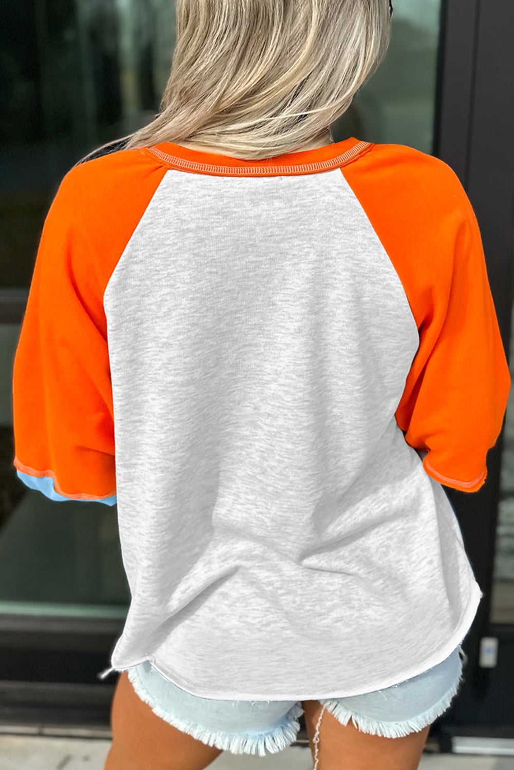 *Light Grey HELLO PUMPKIN Patched Graphic Color block Bubble Sleeve Raglan Top