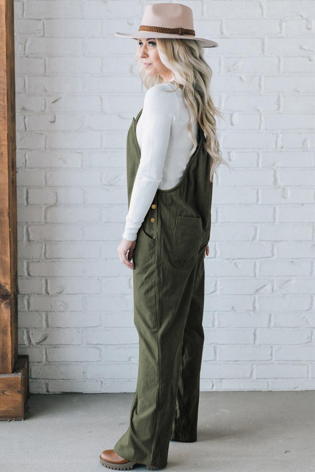 *Jungle Green Button Adjustable Straps Solid Color Corduroy Jumpsuit