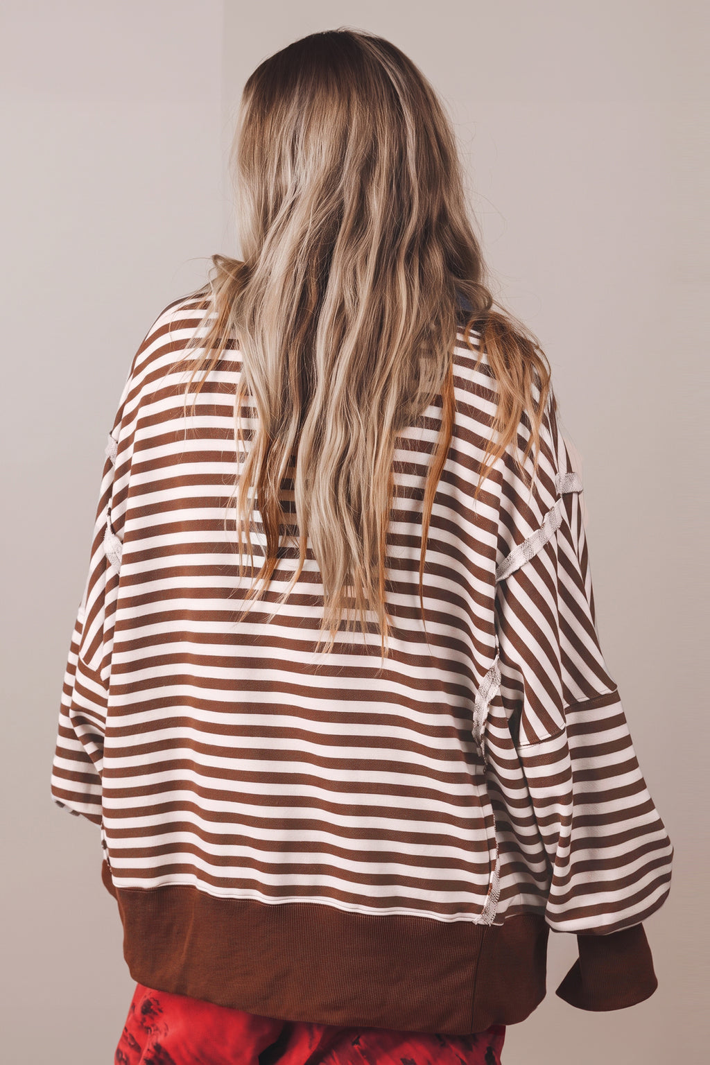 *Brown Stripe Color Block Trim Raw Seam Split Hem Loose Pullover Sweatshirt