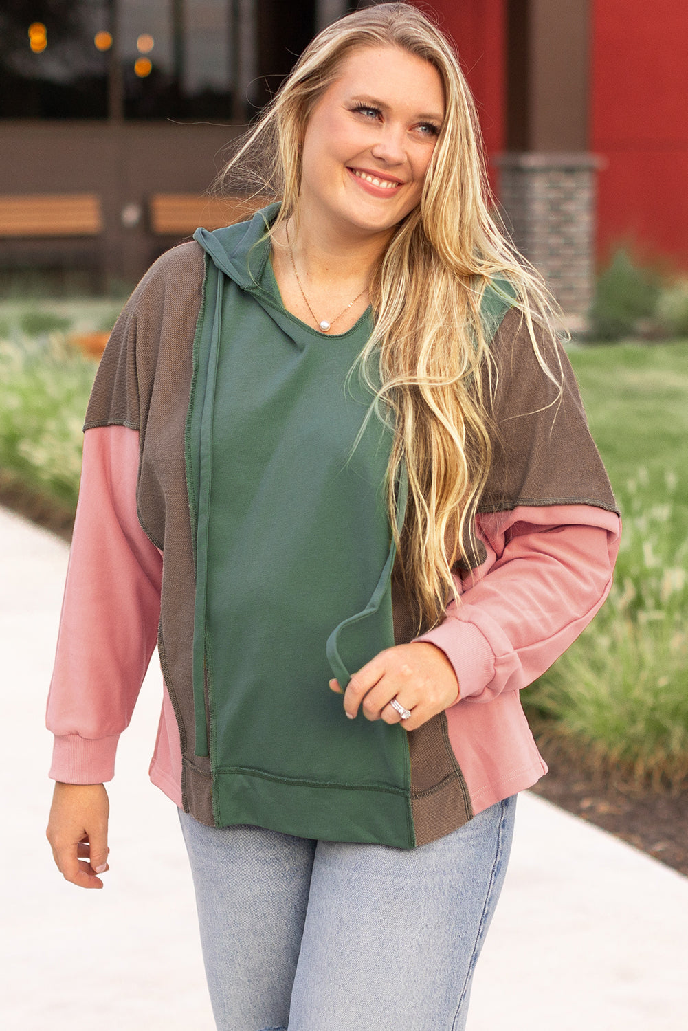 *Green Plus Size Colorblock Patchwork V Neck Hoodie