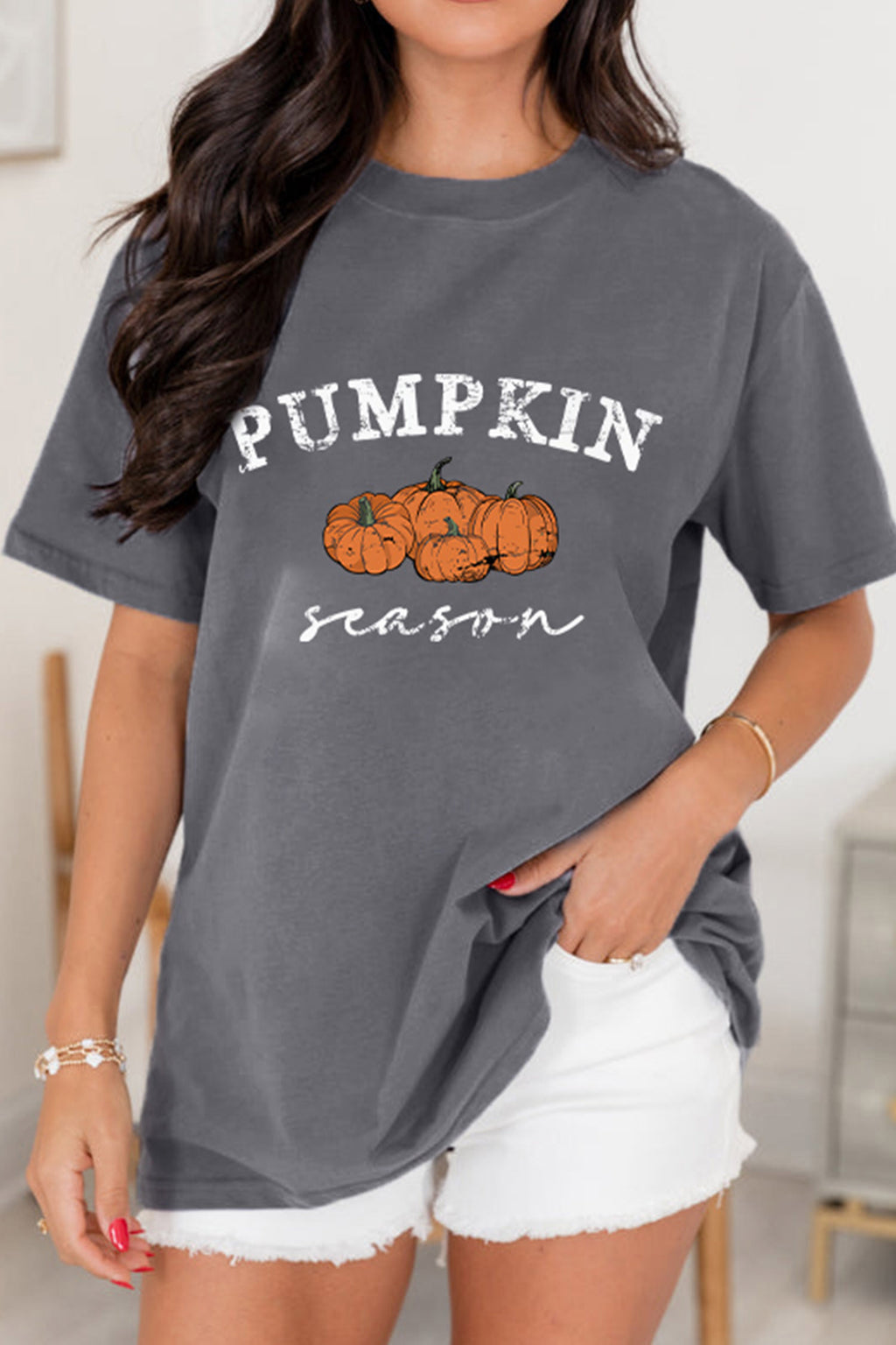 *Gray Pumpkin Season Graphic Round Neck Short Sleeve T-Shirt