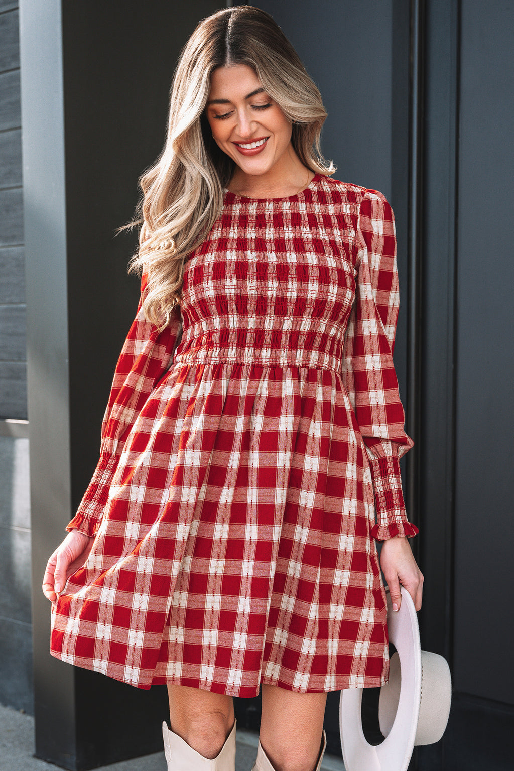 *Red Plaid Print Smocked Puff Sleeve Mini Dress